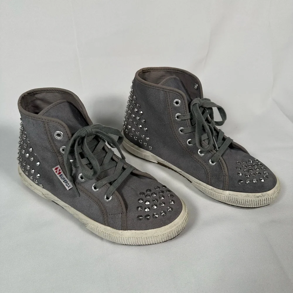 Superga Gray Suede Leather With Silver Studs, Grunge Black Smudged Sole